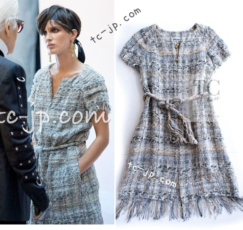 CHANEL 18C Gray Beige Ivory Fringe Tweed Dress 38 シャネル グレー ベージュ アイボリー フリンジ ツイード ワンピース 即発