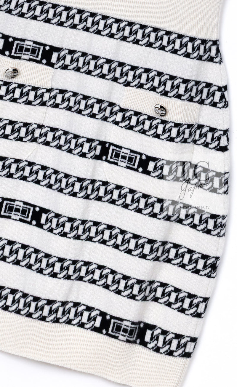 CHANEL 17PS Ivory Black Chain Turn Lock Pattern Cashmere Knit Dress 36 シャネル アイボリー ブラック チェーン & ターンロック 柄 カシミヤ ニット ワンピース 即発