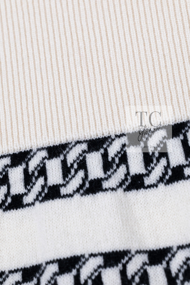 CHANEL 17PS Ivory Black Chain Turn Lock Pattern Cashmere Knit Dress 36 シャネル アイボリー ブラック チェーン & ターンロック 柄 カシミヤ ニット ワンピース 即発