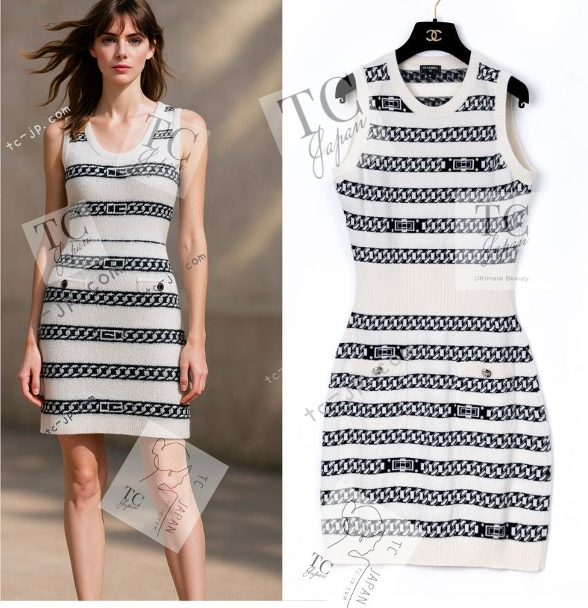 CHANEL 17PS Ivory Black Chain Turn Lock Pattern Cashmere Knit Dress 36 シャネル アイボリー ブラック チェーン & ターンロック 柄 カシミヤ ニット ワンピース 即発