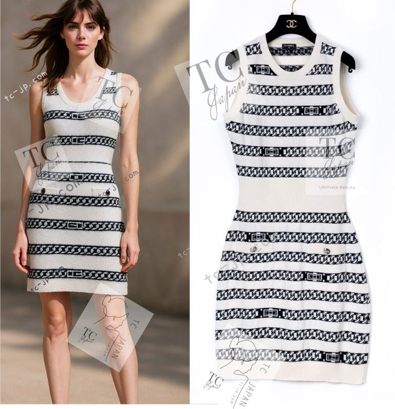 CHANEL 17PS Ivory Black Chain Turn Lock Pattern Cashmere Knit Dress 36 シャネル アイボリー ブラック チェーン & ターンロック 柄 カシミヤ ニット ワンピース 即発