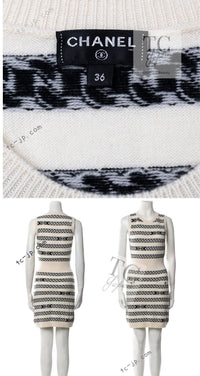 CHANEL 17PS Ivory Black Chain Turn Lock Pattern Cashmere Knit Dress 36 シャネル アイボリー ブラック チェーン & ターンロック 柄 カシミヤ ニット ワンピース 即発