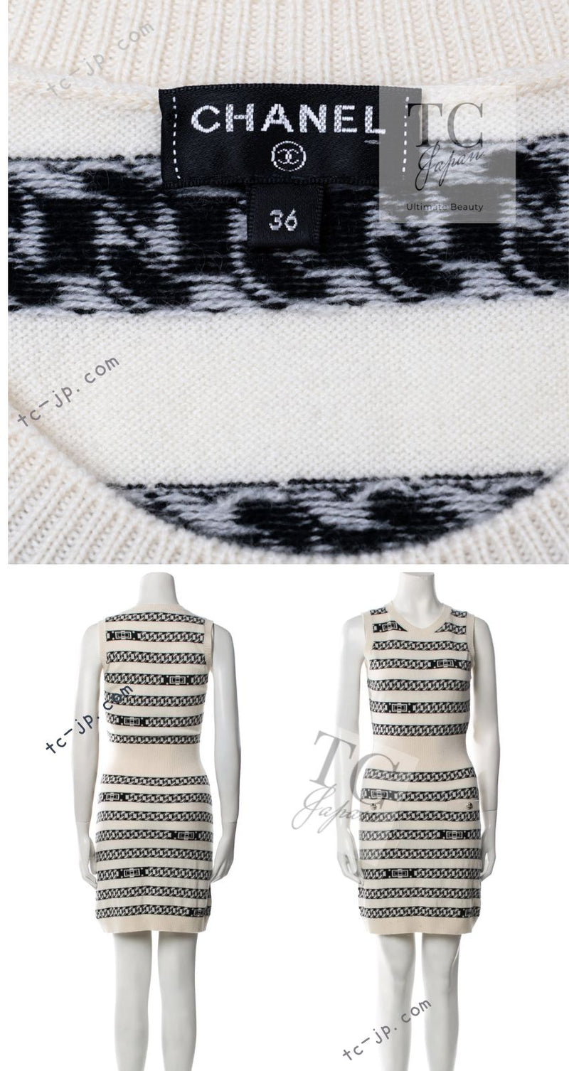 CHANEL 17PS Ivory Black Chain Turn Lock Pattern Cashmere Knit Dress 36 シャネル アイボリー ブラック チェーン & ターンロック 柄 カシミヤ ニット ワンピース 即発