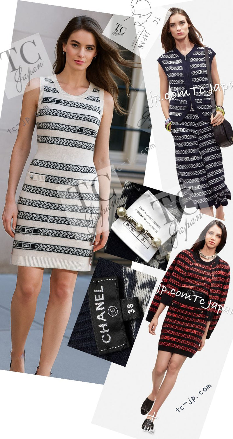 CHANEL 17PS Navy Ivory Chain Turn Lock Pattern Cashmere Knit Dress 36 38 シャネル ネイビー アイボリー チェーン & ターンロック 柄 カシミヤ ニット ワンピース 即発