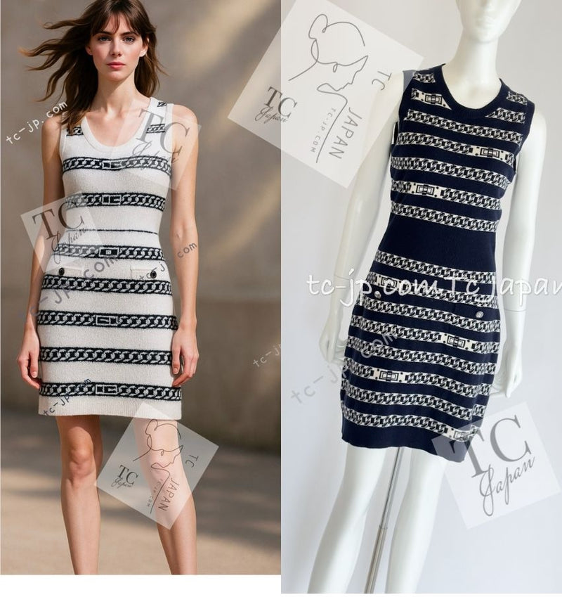 CHANEL 17PS Navy Ivory Chain Turn Lock Pattern Cashmere Knit Dress 36 38 シャネル ネイビー アイボリー チェーン & ターンロック 柄 カシミヤ ニット ワンピース 即発