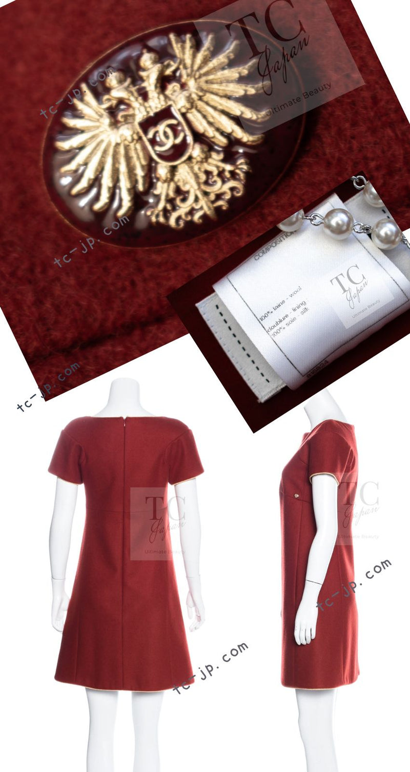 CHANEL 15PF Burgundy Red Ruby Gold Trim Melton Wool 100 Dress 40 シャネル バーガンディ レッド ルビー ゴールド トリム メルトン ウール ワンピース 即発