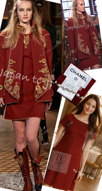 CHANEL 15PF Burgundy Red Ruby Gold Trim Melton Wool 100 Dress 40 シャネル バーガンディ レッド ルビー ゴールド トリム メルトン ウール ワンピース 即発