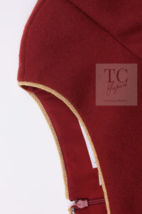 CHANEL 15PF Burgundy Red Ruby Gold Trim Melton Wool 100 Dress 40 シャネル バーガンディ レッド ルビー ゴールド トリム メルトン ウール ワンピース 即発