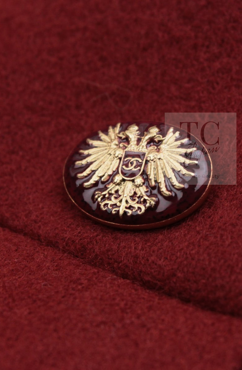 CHANEL 15PF Burgundy Red Ruby Gold Trim Melton Wool 100 Dress 40 シャネル バーガンディ レッド ルビー ゴールド トリム メルトン ウール ワンピース 即発