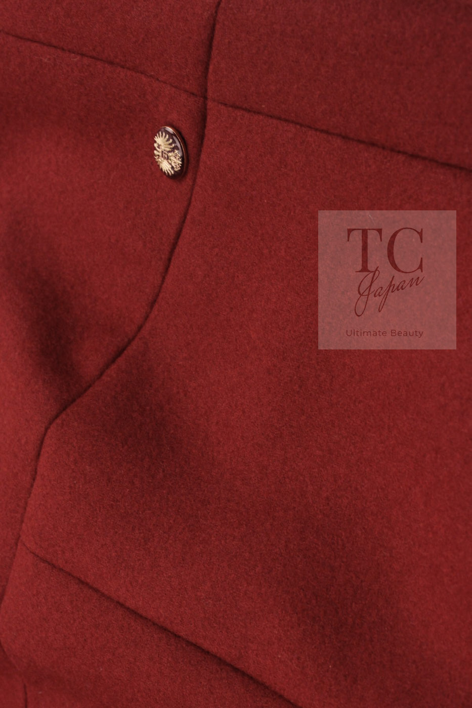 CHANEL 15PF Burgundy Red Ruby Gold Trim Melton Wool 100 Dress 40 シャネル バーガンディ レッド ルビー ゴールド トリム メルトン ウール ワンピース 即発