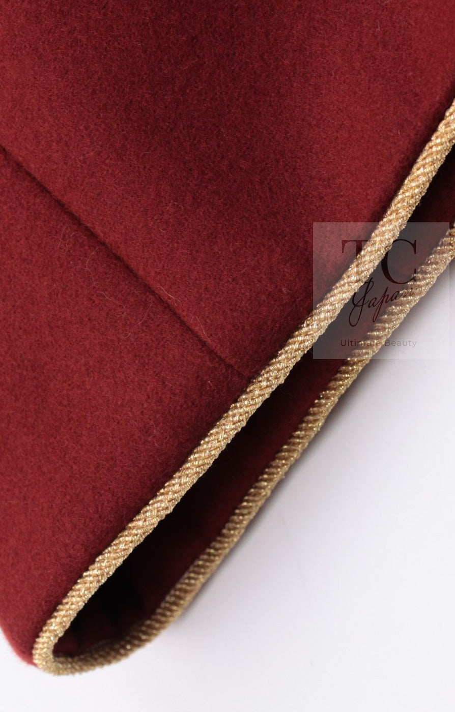 CHANEL 15PF Burgundy Red Ruby Gold Trim Melton Wool 100 Dress 40 シャネル バーガンディ レッド ルビー ゴールド トリム メルトン ウール ワンピース 即発