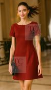 CHANEL 15PF Burgundy Red Ruby Gold Trim Melton Wool 100 Dress 40 シャネル バーガンディ レッド ルビー ゴールド トリム メルトン ウール ワンピース 即発