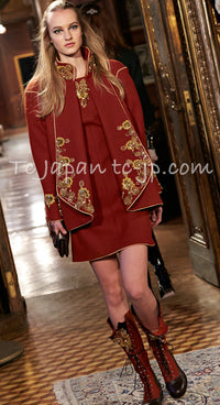 CHANEL 15PF Burgundy Red Ruby Gold Trim Melton Wool 100 Dress 40 シャネル バーガンディ レッド ルビー ゴールド トリム メルトン ウール ワンピース 即発