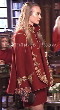 CHANEL 15PF Burgundy Red Ruby Gold Trim Melton Wool 100 Dress 40 シャネル バーガンディ レッド ルビー ゴールド トリム メルトン ウール ワンピース 即発