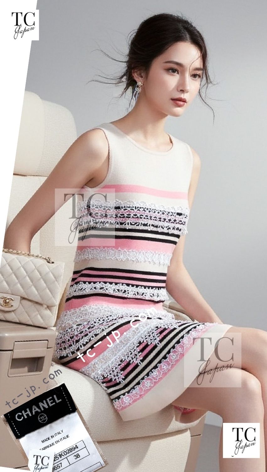 CHANEL 11C Pink Black Stripe Cashmere Knit Dress 36 シャネル ピンク ブラック ストライプ ボーダー カシミア100% ニット ワンピース 即発