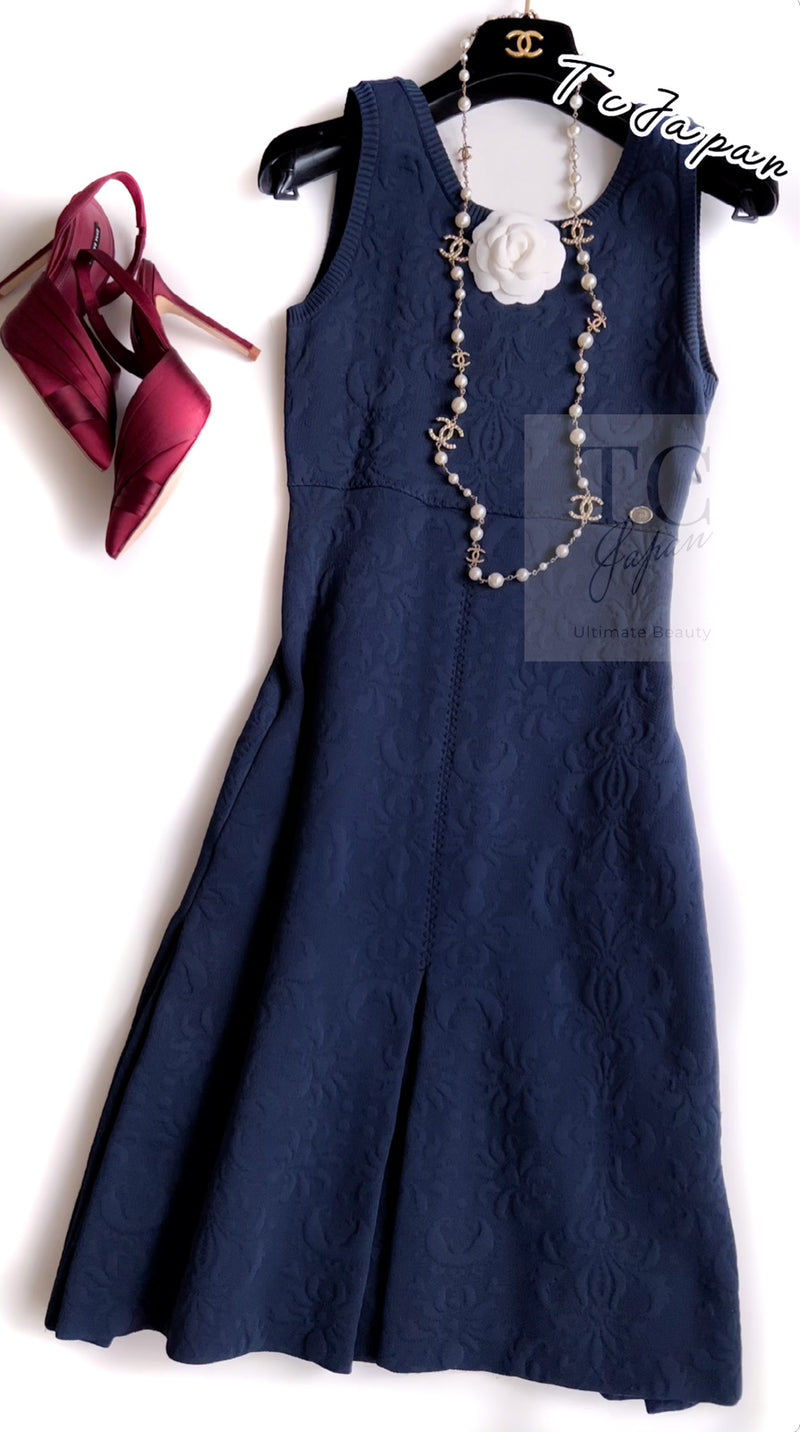 CHANEL 13C Versailles Navy Jacquard Sleeveless Dress 34 36 シャネル ベルサイユ ネイビー ジャガード ニット ノースリーブ ワンピース 即発