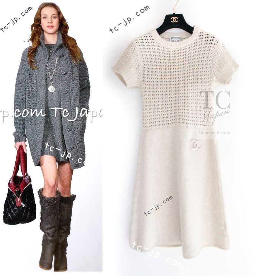 CHANEL 09A Beige Wool Cashmere CC Logo Knit Dress 34 シャネル ベージュ ウール カシミア CC ロゴ ニット ワンピース 即発