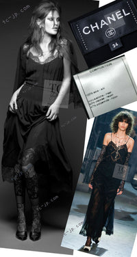 CHANEL 16PF Black Silk Lace Slip Long Dress 34 シャネル ブラック シルク レース スリップ ロング ドレス ワンピース 即発