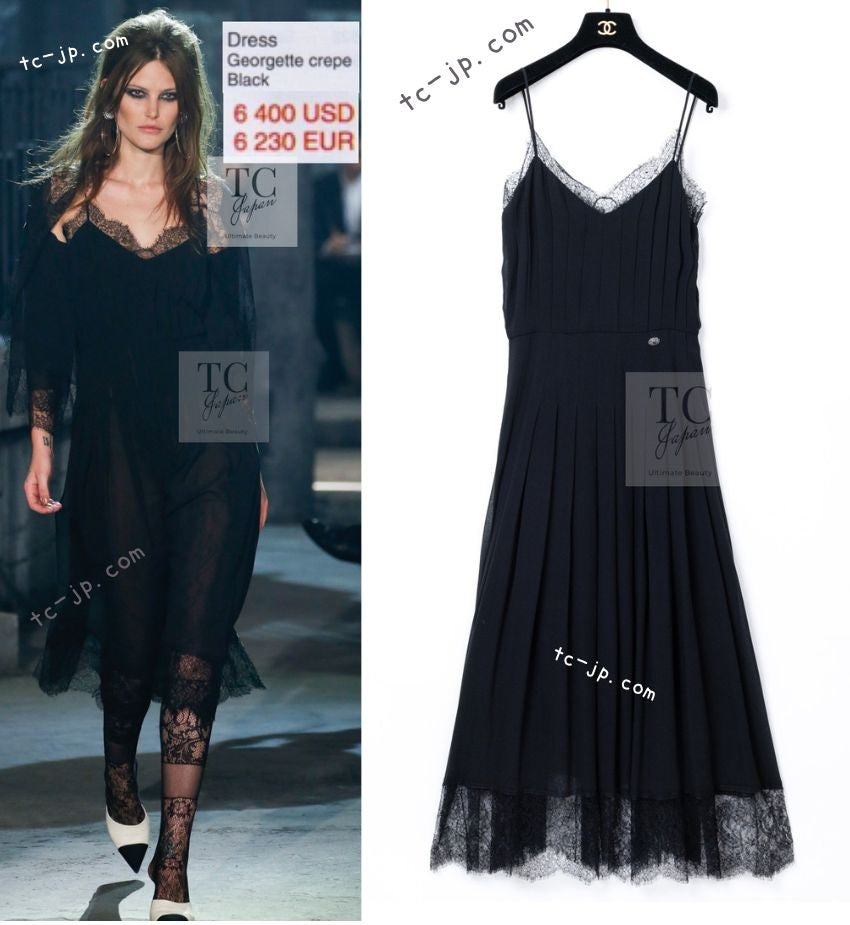 CHANEL 16PF Black Silk Lace Slip Long Dress 34 シャネル ブラック シルク レース スリップ ロング ドレス ワンピース 即発