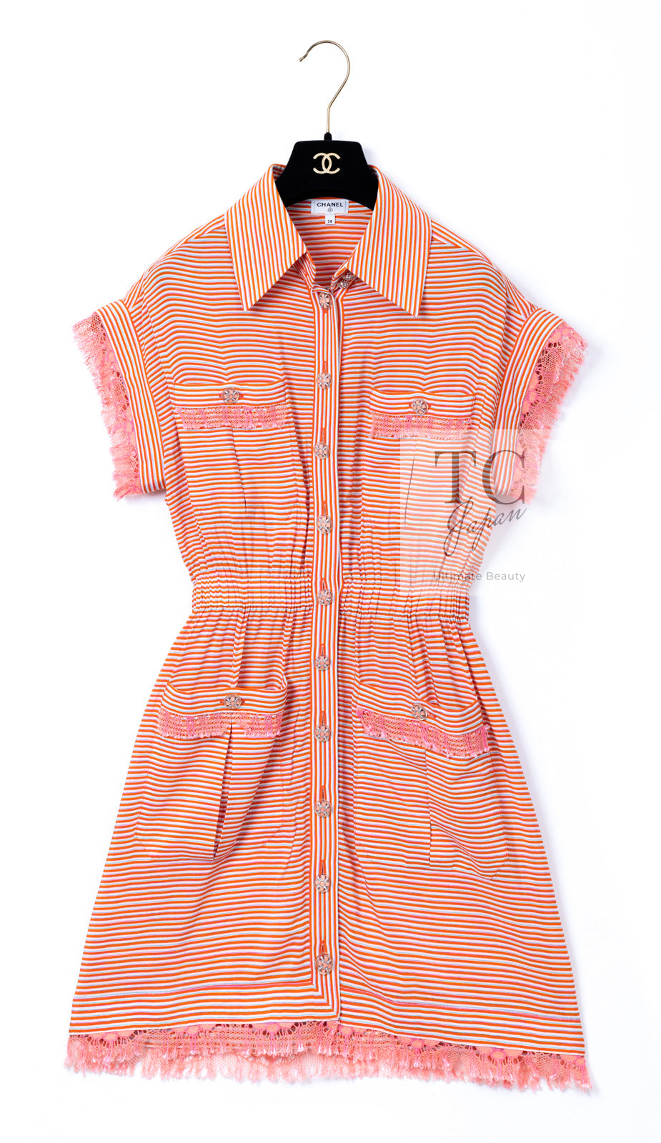 CHANEL 19S Orange Stripe Silk Dress 38 シャネル オレンジ ストライプ シルク ワンピース 即発