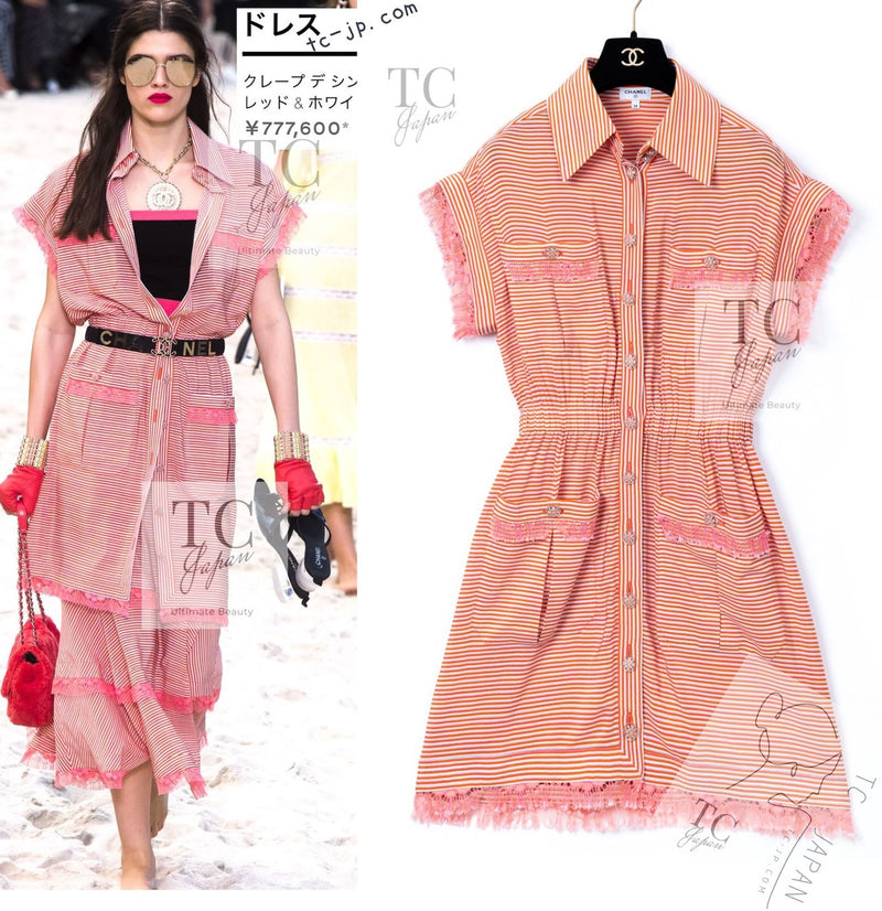 CHANEL 19S Orange Stripe Silk Dress 38 シャネル オレンジ ストライプ シルク ワンピース 即発