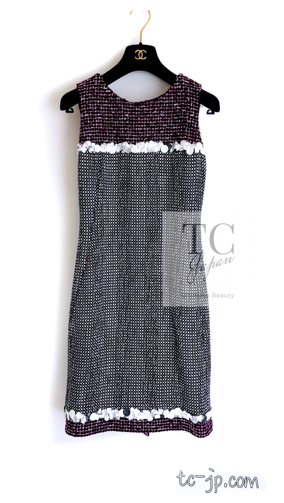 CHANEL 09S Purple Cotton Sequin Trim Wool Tweed Dress 38 シャネル パープル コットン スパンコール トリム ウール ツイード ワンピース 即発