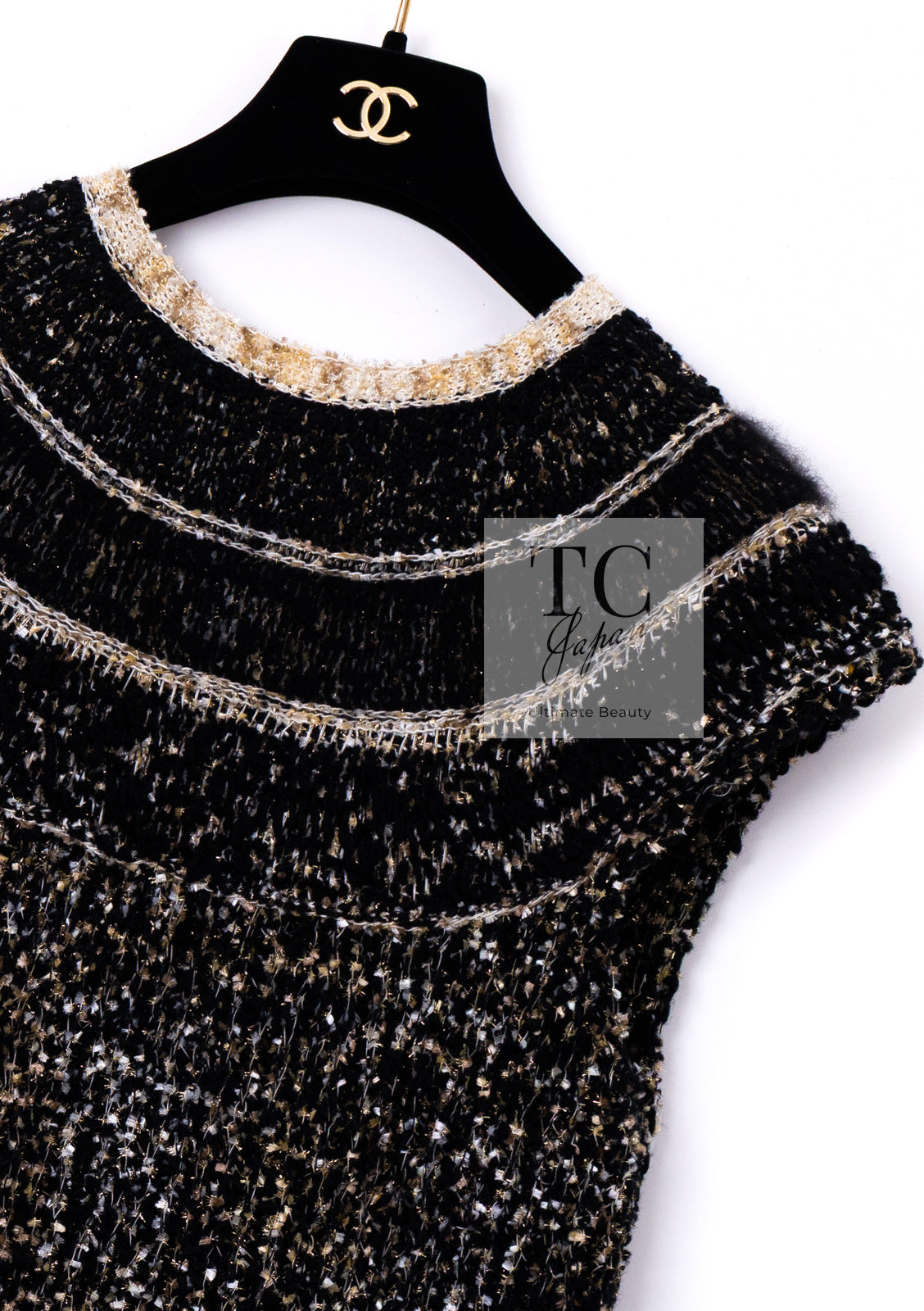 CHANEL 19PF Black Gold Wool Knit Dress 38 シャネル ブラック ゴールド ウール ニット ワンピース 即発