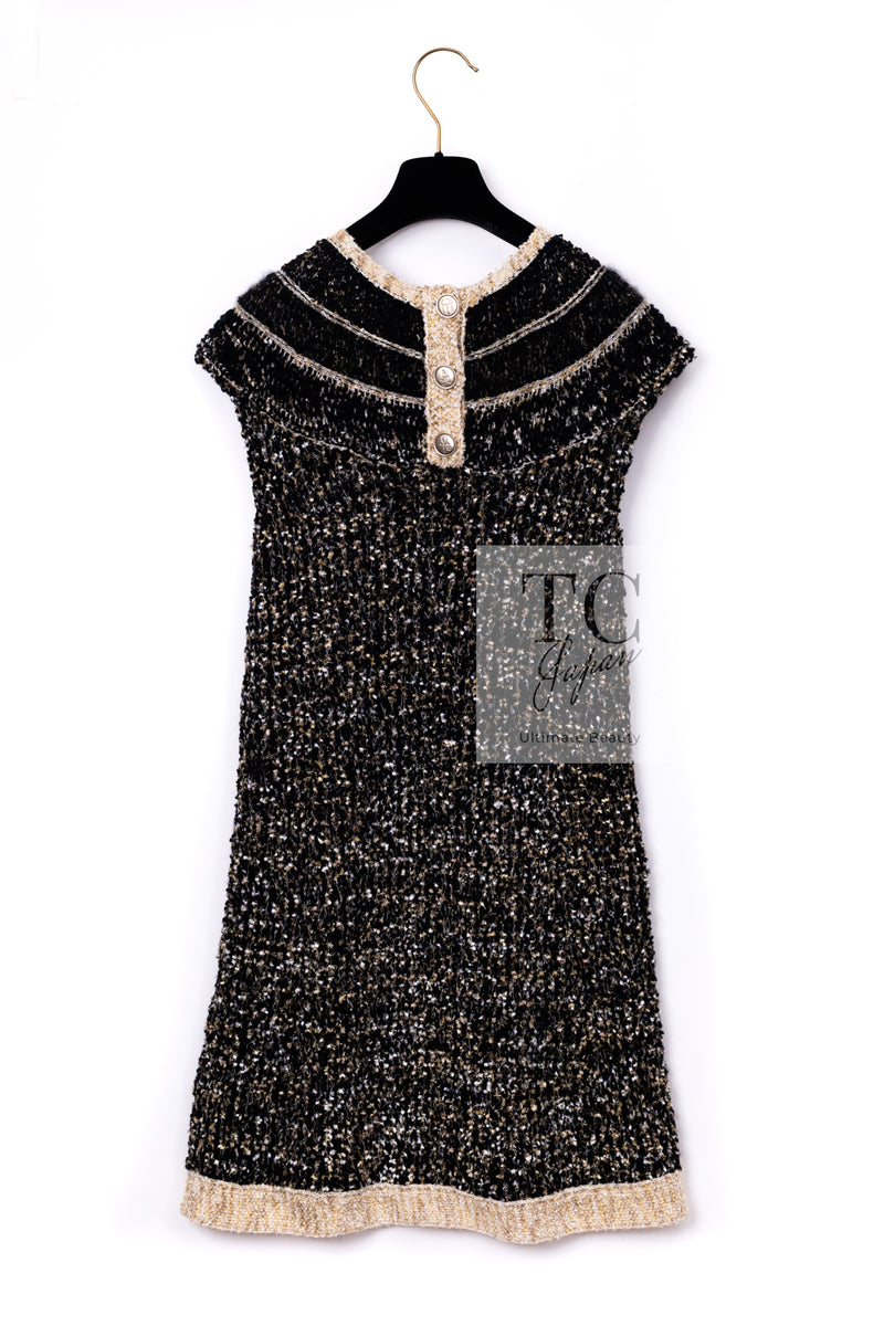 CHANEL 19PF Black Gold Wool Knit Dress 38 シャネル ブラック ゴールド ウール ニット ワンピース 即発
