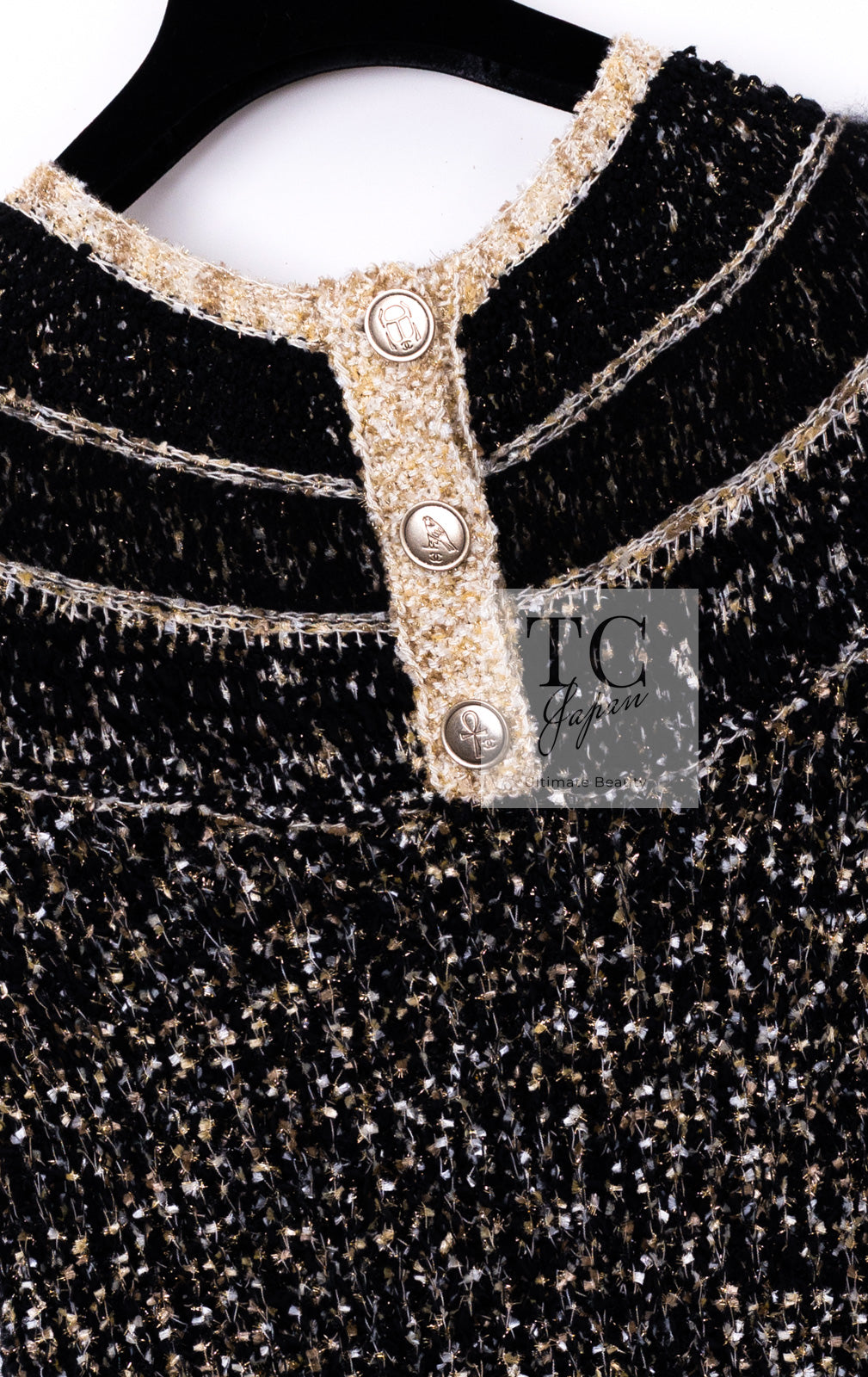 CHANEL 19PF Black Gold Wool Knit Dress 38 シャネル ブラック ゴールド ウール ニット ワンピース 即発