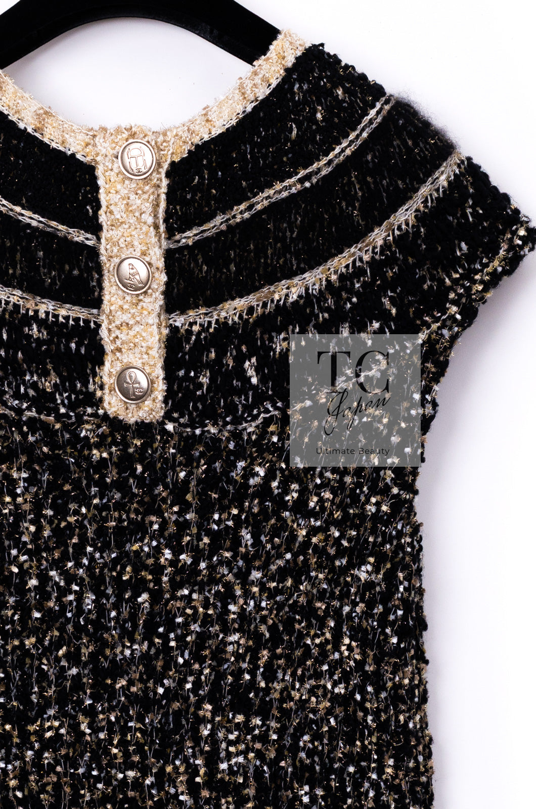CHANEL 19PF Black Gold Wool Knit Dress 38 シャネル ブラック ゴールド ウール ニット ワンピース 即発