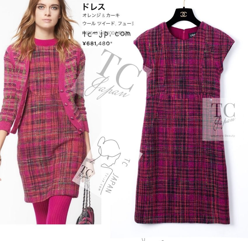 CHANEL 18PA Fuchsia Pink Purple Wool Mohair Tweed Dress 34 36 シャネル フューシャ ピンクパープル ウール モヘア ツイード ワンピース 即発