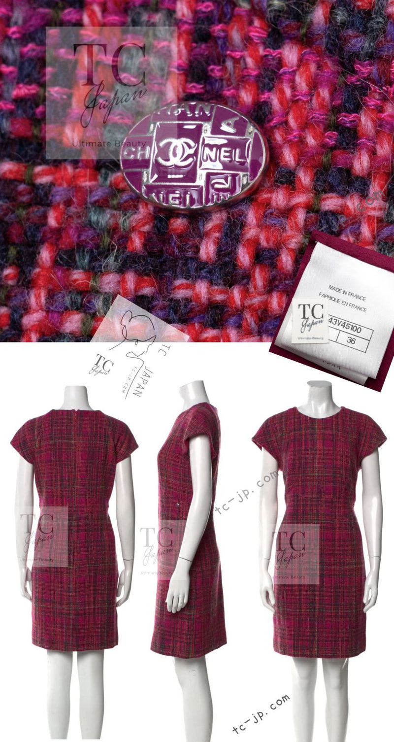 CHANEL 18PA Fuchsia Pink Purple Wool Mohair Tweed Dress 34 36 シャネル フューシャ ピンクパープル ウール モヘア ツイード ワンピース 即発
