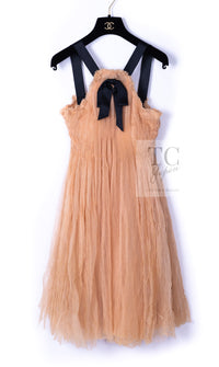 CHANEL 07PF Nude Beige Apricot Chiffon Black Ribbon Dress 34 36 シャネル ヌード ベージュ アプリコット シフォン ブラック リボン ワンピース 即発