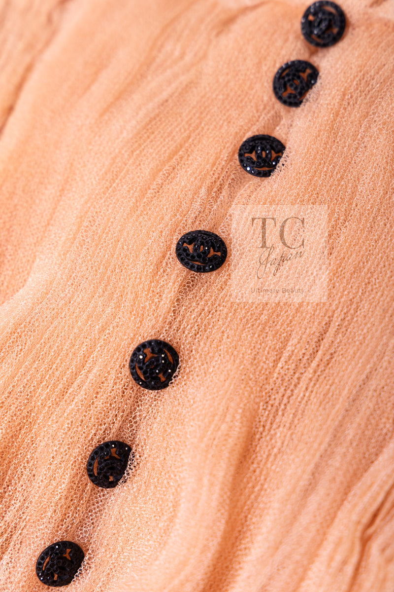 CHANEL 07PF Nude Beige Apricot Chiffon Black Ribbon Dress 34 36 シャネル ヌード ベージュ アプリコット シフォン ブラック リボン ワンピース 即発