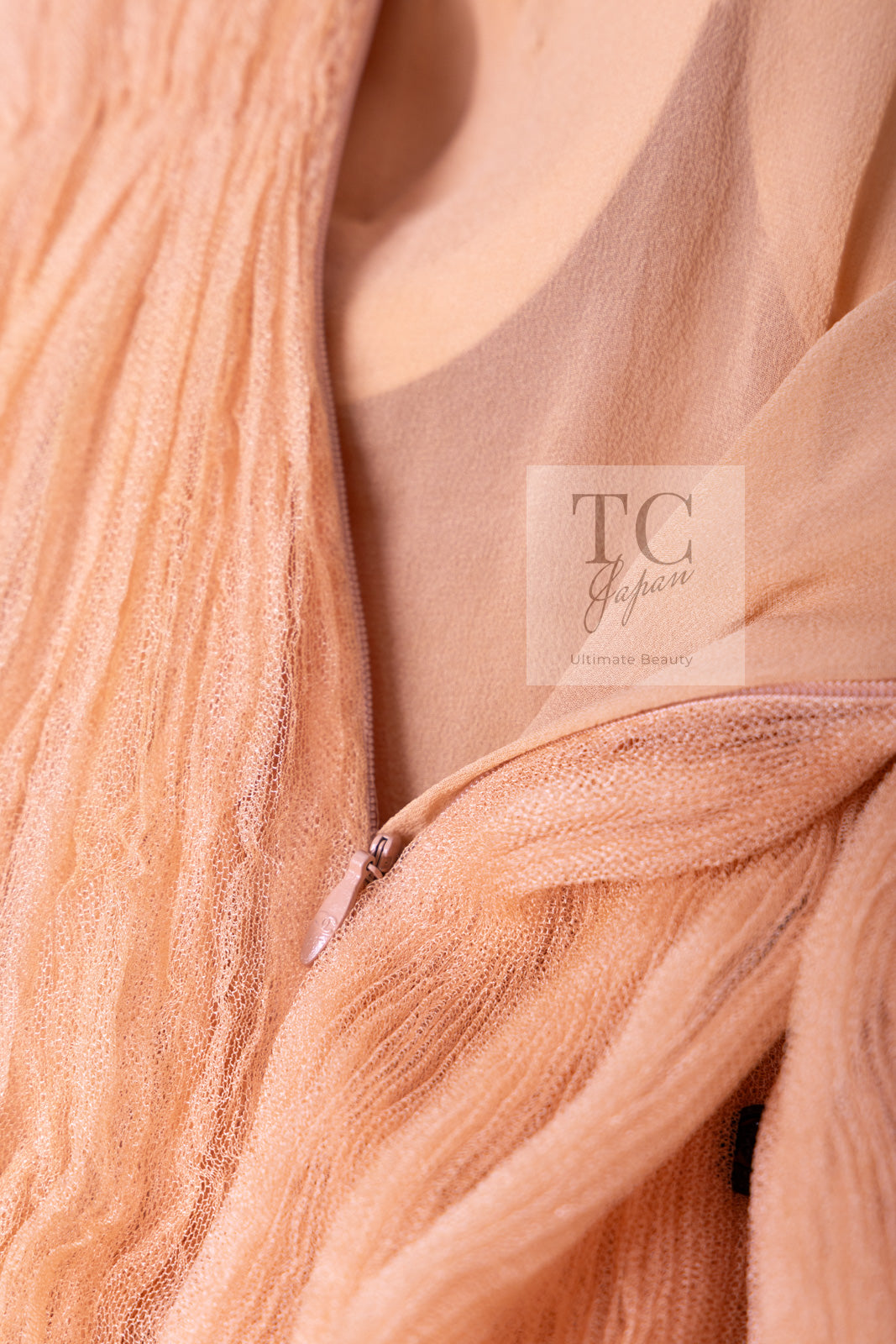 CHANEL 07PF Nude Beige Apricot Chiffon Black Ribbon Dress 34 36 シャネル ヌード ベージュ アプリコット シフォン ブラック リボン ワンピース 即発