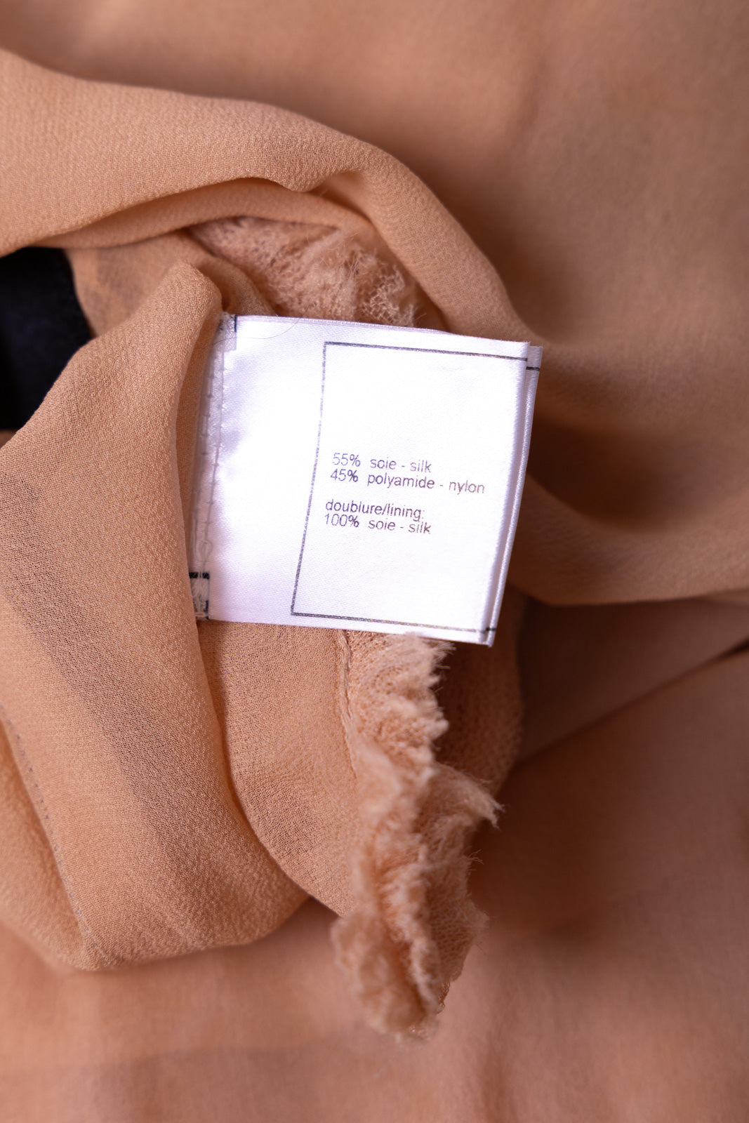 CHANEL 07PF Nude Beige Apricot Chiffon Black Ribbon Dress 34 36 シャネル ヌード ベージュ アプリコット シフォン ブラック リボン ワンピース 即発