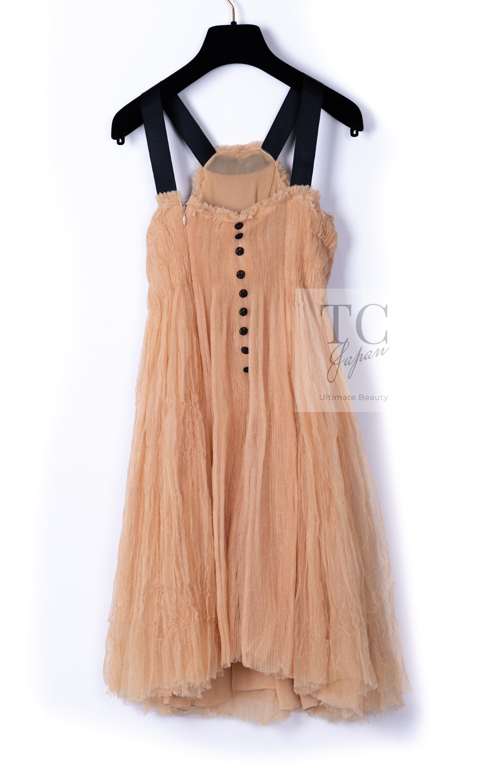 CHANEL 07PF Nude Beige Apricot Chiffon Black Ribbon Dress 34 36 シャネル ヌード ベージュ アプリコット シフォン ブラック リボン ワンピース 即発