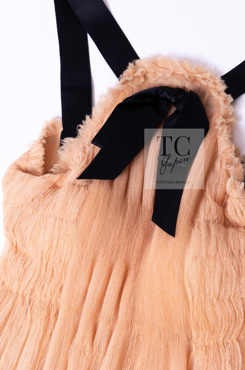 CHANEL 07PF Nude Beige Apricot Chiffon Black Ribbon Dress 34 36 シャネル ヌード ベージュ アプリコット シフォン ブラック リボン ワンピース 即発