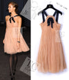 CHANEL 07PF Nude Beige Apricot Chiffon Black Ribbon Dress 34 36 シャネル ヌード ベージュ アプリコット シフォン ブラック リボン ワンピース 即発