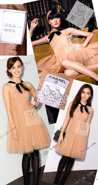 CHANEL 07PF Nude Beige Apricot Chiffon Black Ribbon Dress 34 36 シャネル ヌード ベージュ アプリコット シフォン ブラック リボン ワンピース 即発