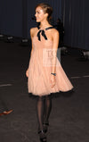 CHANEL 07PF Nude Beige Apricot Chiffon Black Ribbon Dress 34 36 シャネル ヌード ベージュ アプリコット シフォン ブラック リボン ワンピース 即発