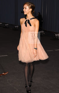 CHANEL 07PF Nude Beige Apricot Chiffon Black Ribbon Dress 34 36 シャネル ヌード ベージュ アプリコット シフォン ブラック リボン ワンピース 即発