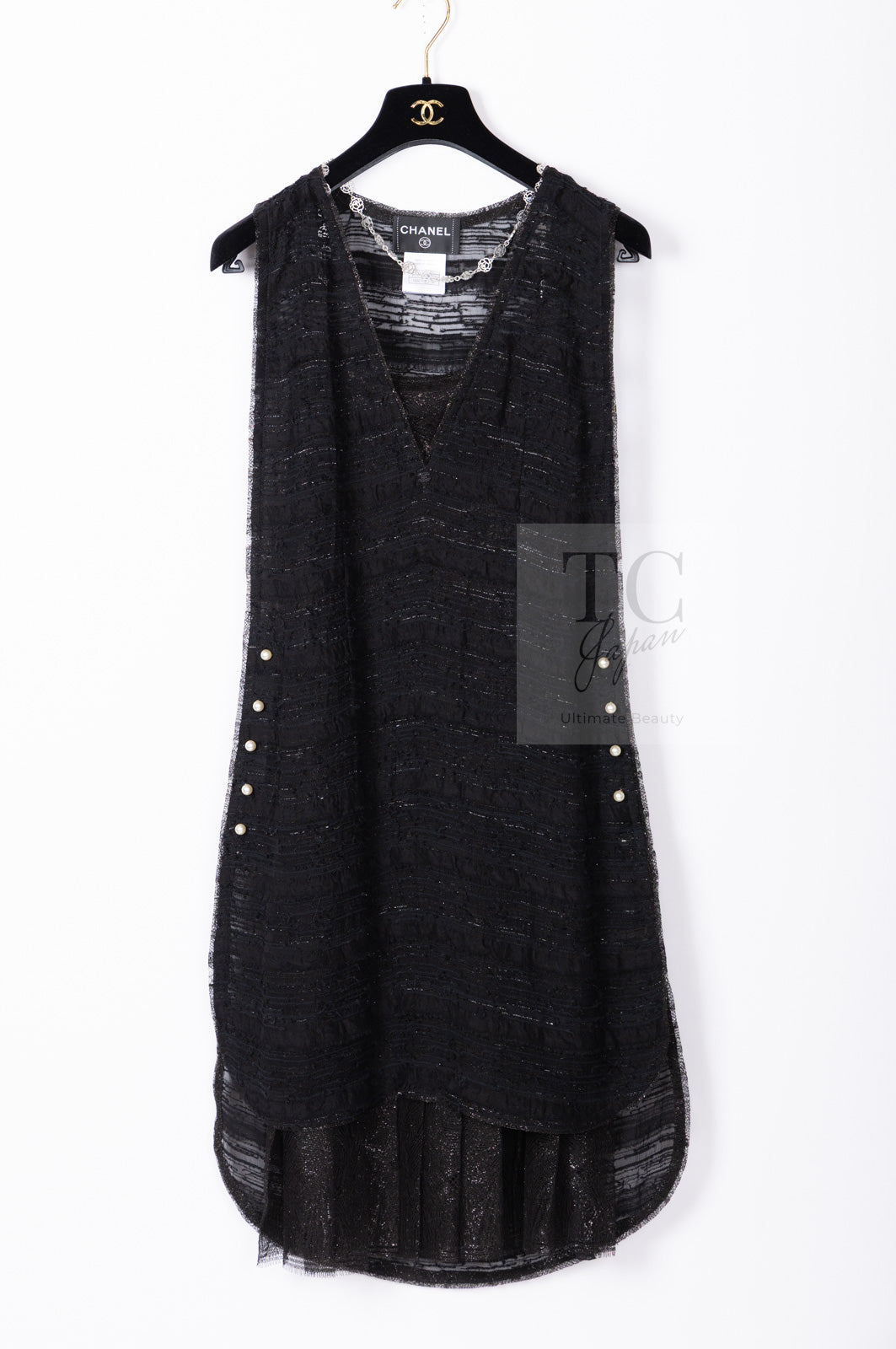 CHANEL 04S Black Metallic Pearl Button Dress with Slip 36 シャネル ブラック メタリック パールボタン ワンピース スリップ付き 即発