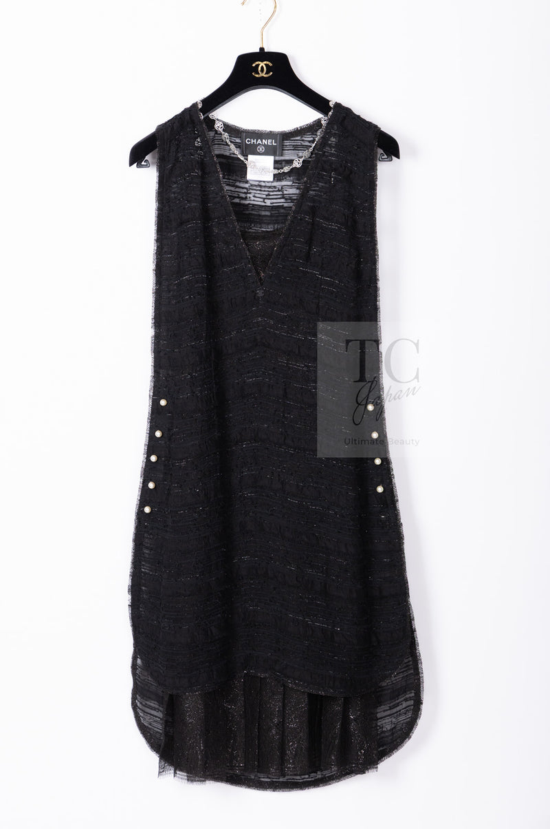 CHANEL 04S Black Metallic Pearl Button Dress with Slip 36 シャネル ブラック メタリック パールボタン ワンピース スリップ付き 即発