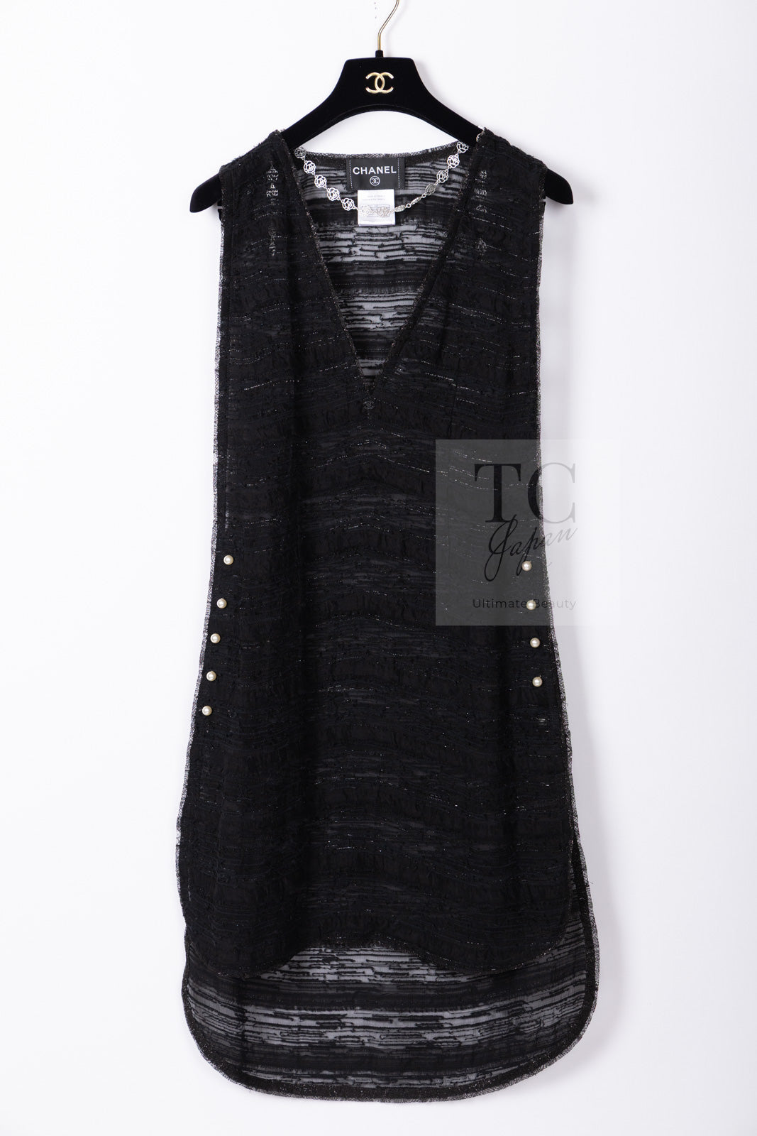 CHANEL 04S Black Metallic Pearl Button Dress with Slip 36 シャネル ブラック メタリック パールボタン ワンピース スリップ付き