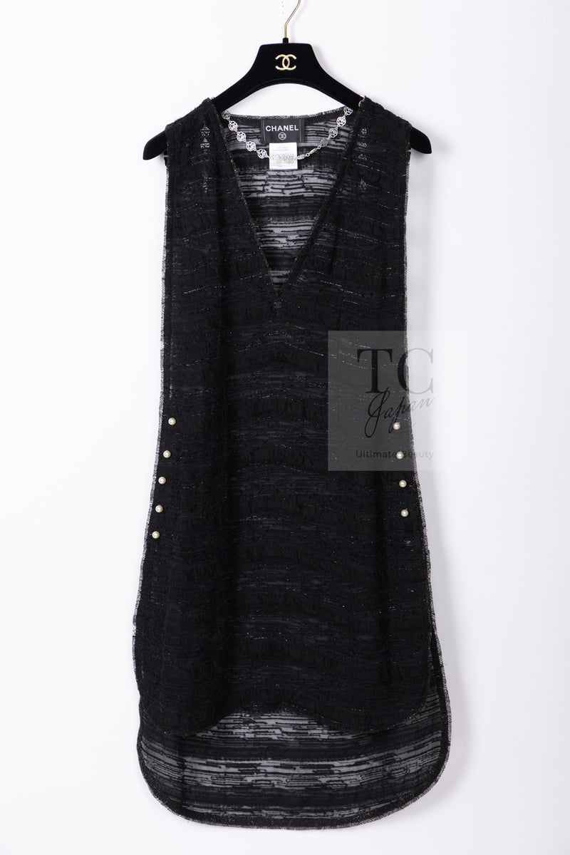 CHANEL 04S Black Metallic Pearl Button Dress with Slip 36 シャネル ブラック メタリック パールボタン ワンピース スリップ付き