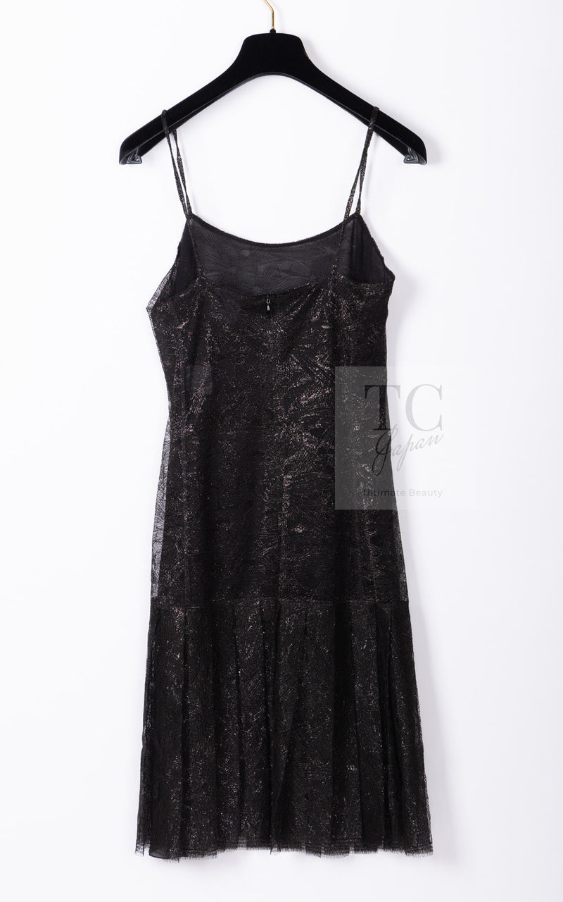 CHANEL 04S Black Metallic Pearl Button Dress with Slip 36 シャネル ブラック メタリック パールボタン ワンピース スリップ付き