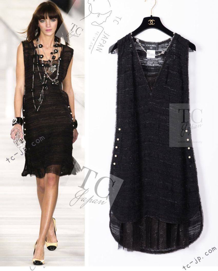 CHANEL 04S Black Metallic Pearl Button Dress with Slip 36 シャネル ブラック メタリック パールボタン ワンピース スリップ付き 即発