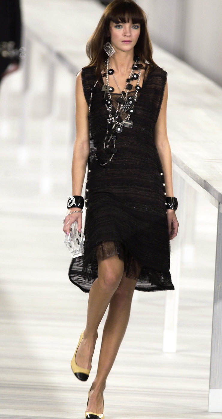 CHANEL 04S Black Metallic Pearl Button Dress with Slip 36 シャネル ブラック メタリック パールボタン ワンピース スリップ付き 即発