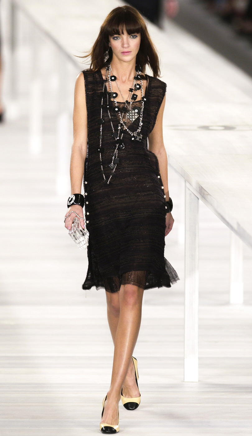 CHANEL 04S Black Metallic Pearl Button Dress with Slip 36 シャネル ブラック メタリック パールボタン ワンピース スリップ付き